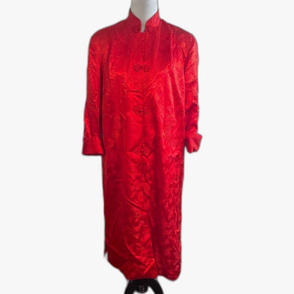 Vintage Red SILKY Brocade CHINOISERIE Robe PEONY Brand Shanghai House Dress 42 o